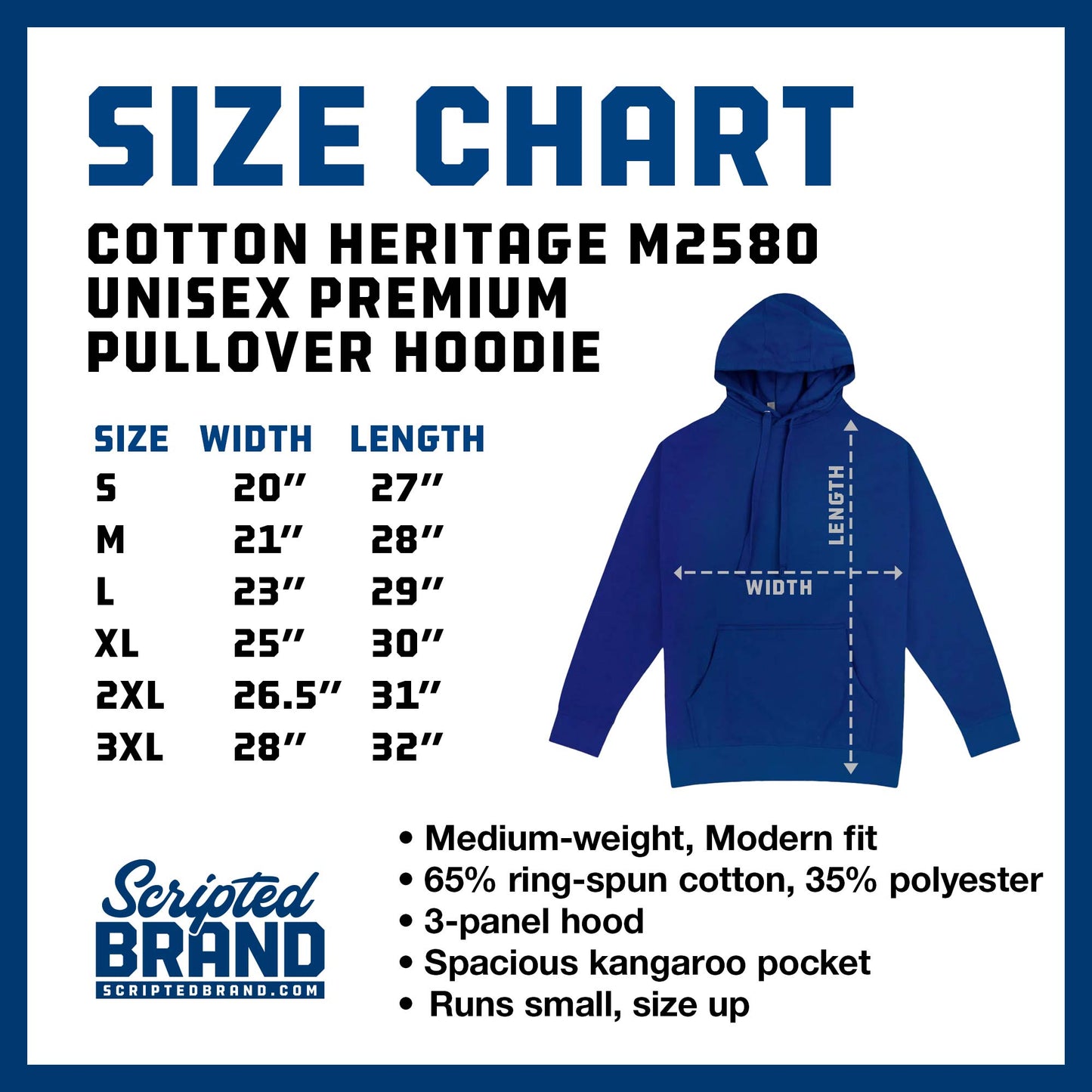 Size Chart of the Cotton Heritage M2580 Unisex Premium Pullover Hoodie sold by ScriptedBrand.
