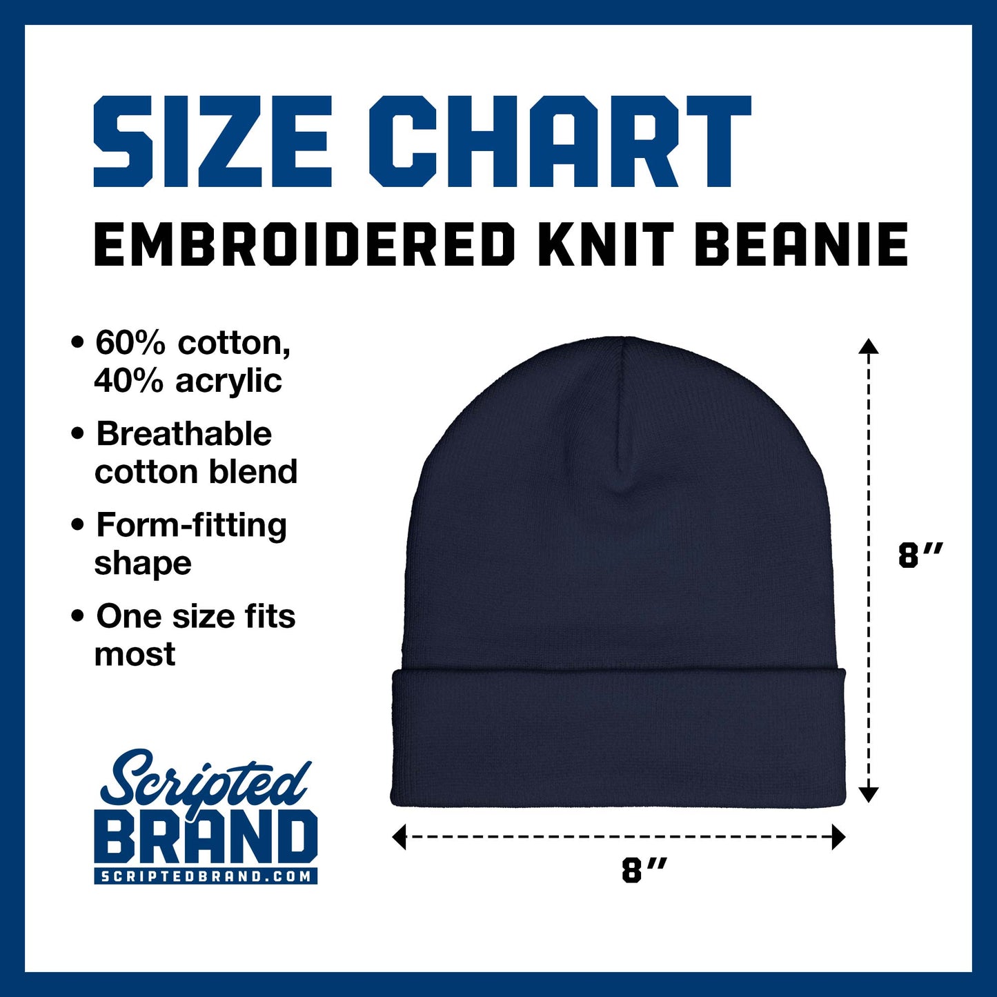 Size Chart of the OTTO Cap 82-480 embroidered knit beanie sold by ScriptedBrand.