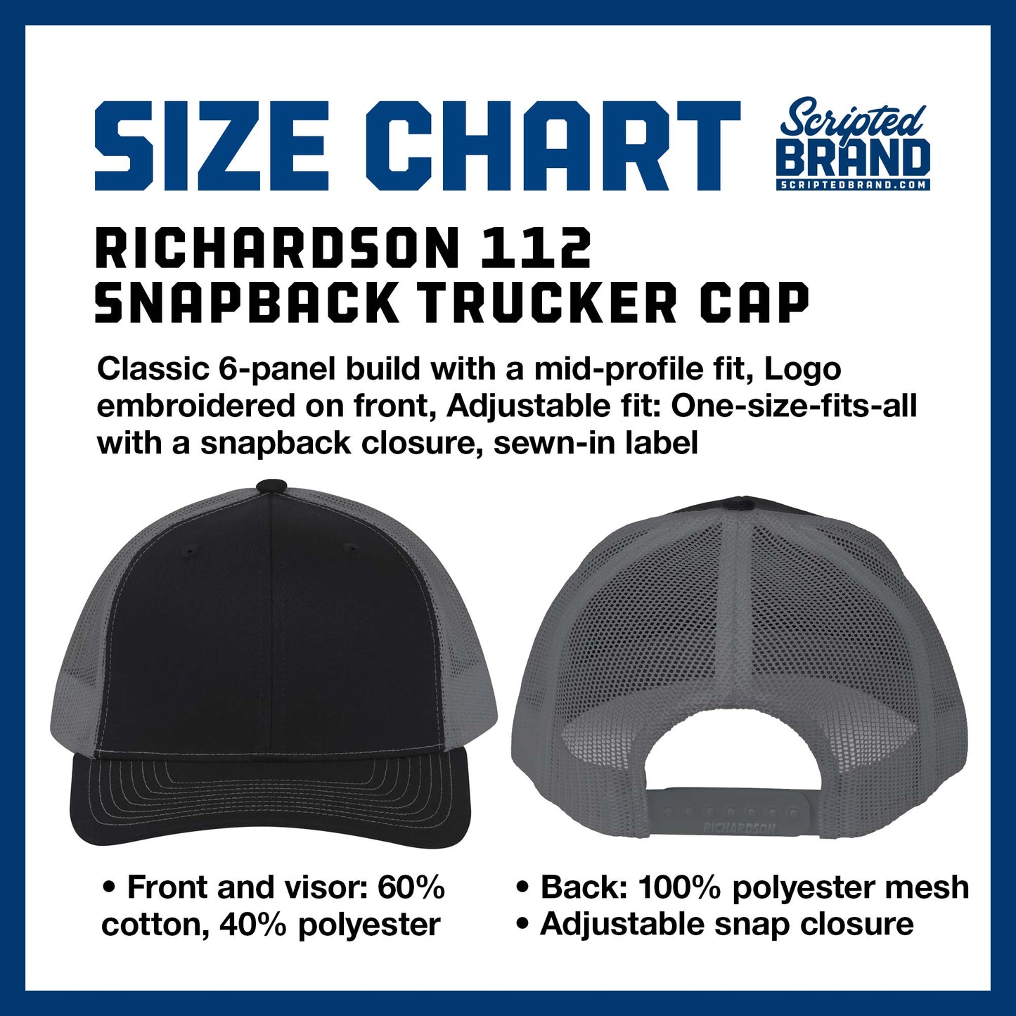 Size chart of a Richardson 112 Snapback Trucker Cap Baseball Hat sold by ScriptedBrand.