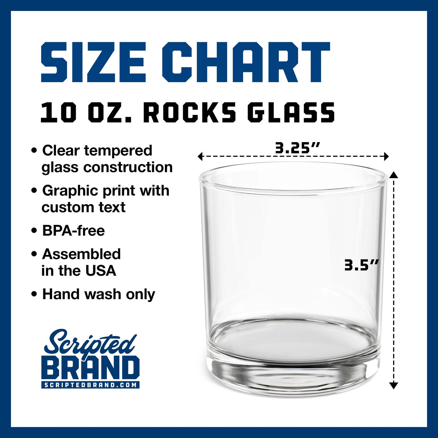 Size Chart for a personalized custom 10 ounce lowball rocks glass, sold by ScriptedBrand.