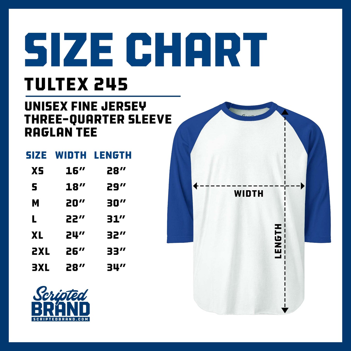 Size Chart of the Tultex 245 Unisex Three-Quarter Sleeve Raglan Baseball Shirt, sold by ScriptedBrand.