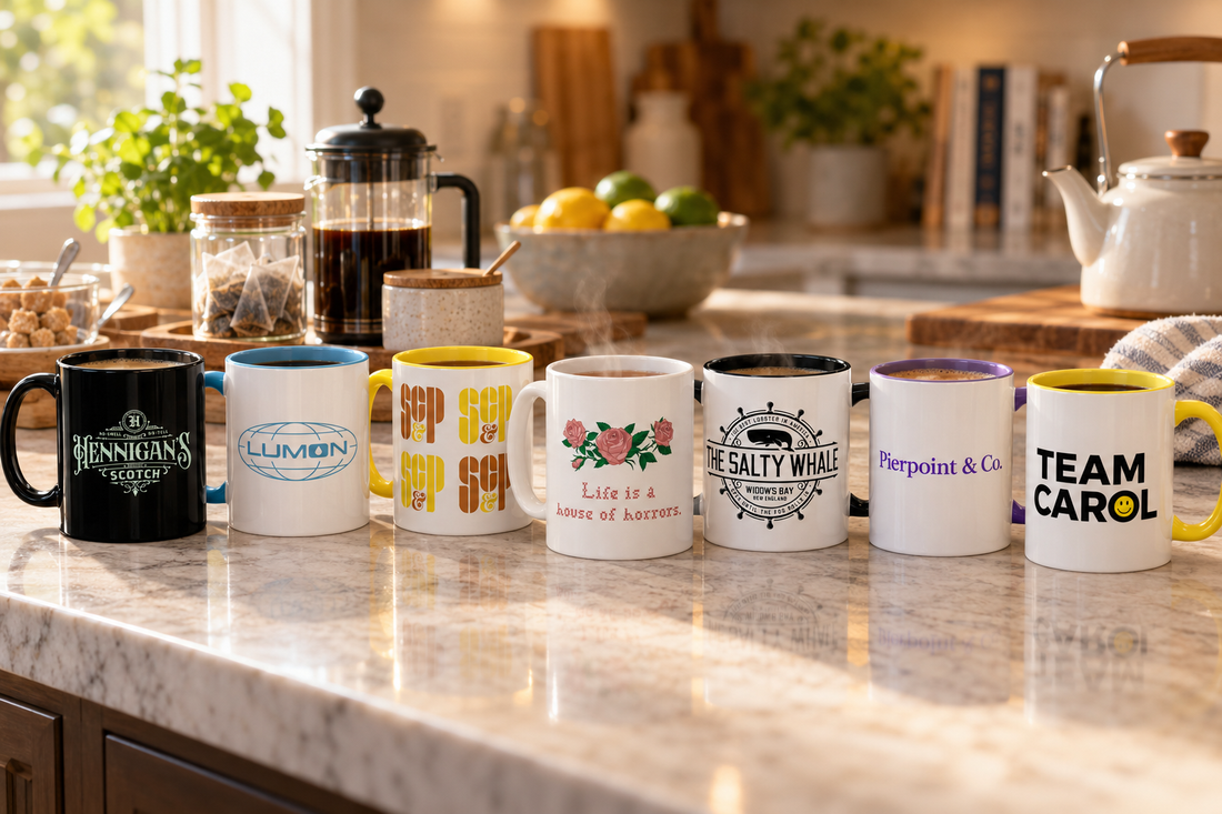 Seven 11 oz mugs arranged on a kitchen counter