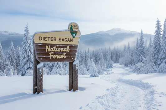 Dieter Eagan National Forest trailhead sign in snow, with a small Lumon-drop style emblem reading “Home of Woe’s Hollow,” set against a winter forest and mountains.