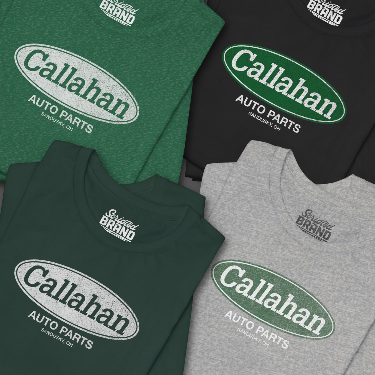 Group of 4 soft short-sleeve t-shirts with the Callahan Auto Parts logo from the movie Tommy Boy in a vintage distressed style, sold by ScriptedBrand.