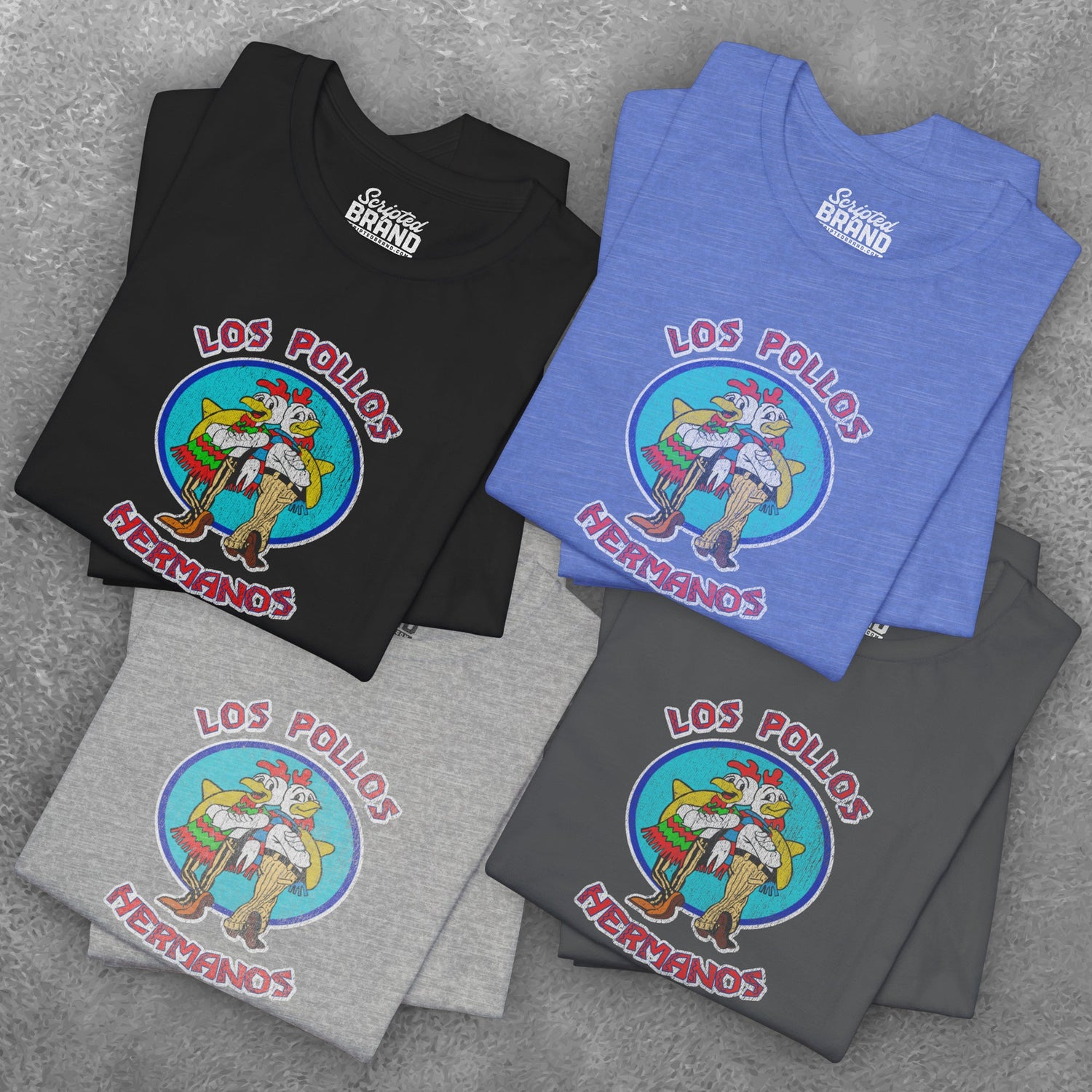 Group of 4 folded Soft short-sleeve Bella+Canvas 3001 t-shirts featuring the Los Pollos Hermanos logo graphic from the TV show Breaking Bad in a vintage distressed style, sold by ScriptedBrand.