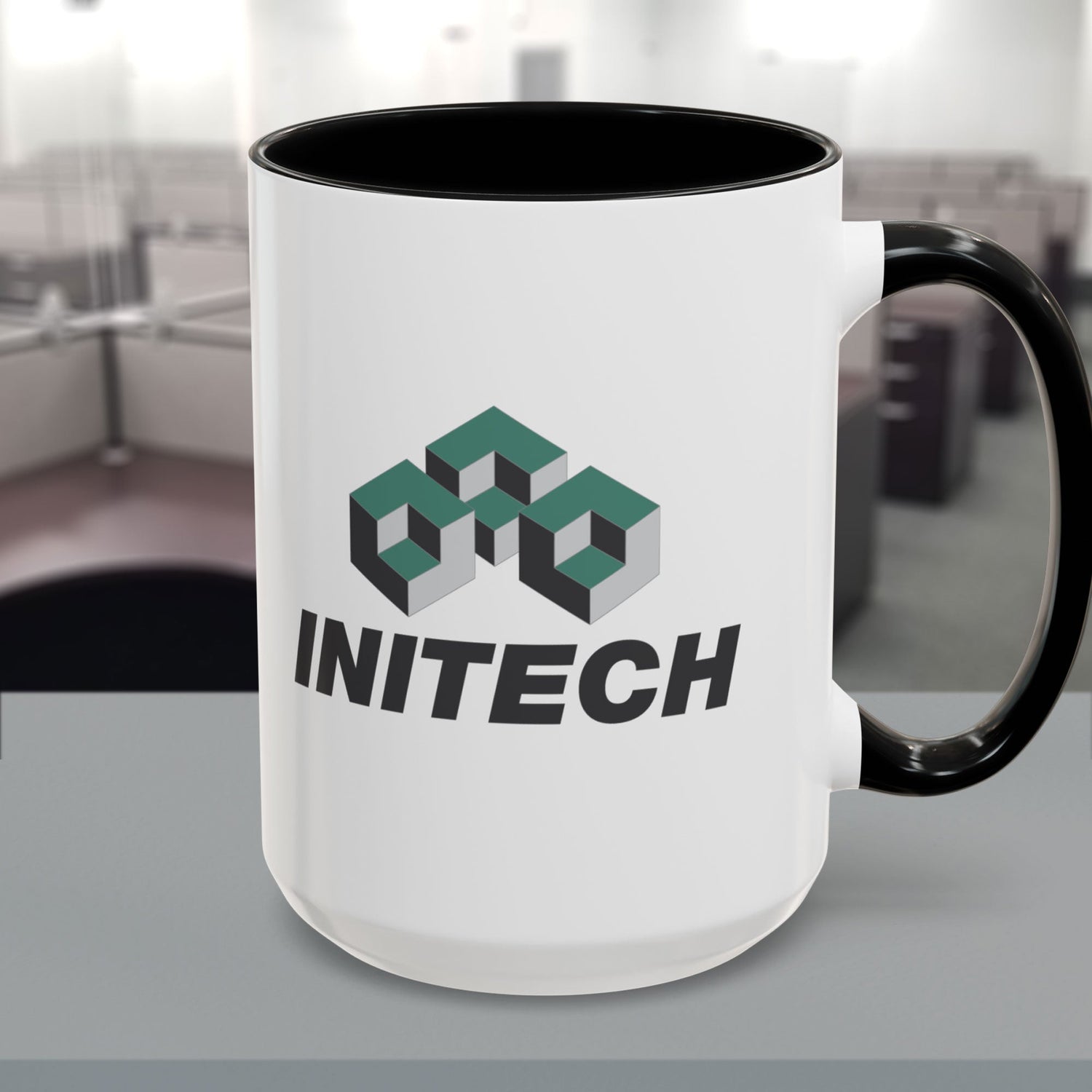 Part of the ScriptedBrand Mugs Collection, White Ceramic Accent Mug with black handle/interior featuring the fictional Initech logo from the movie Office Space printed on both sides, sold by ScriptedBrand.