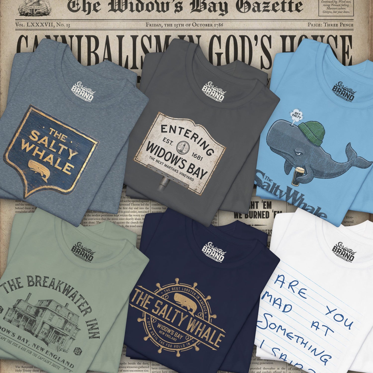 Folded ScriptedBrand Widow's Bay tees featuring the Salty Whale, town sign, Breakwater Inn, and Patricia note designs