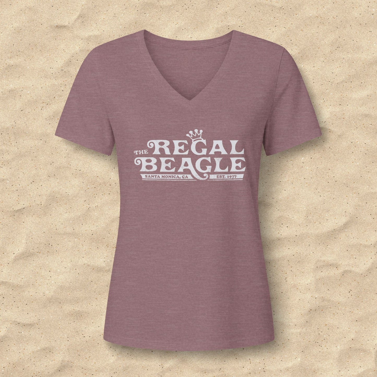 Heather mauve womens v-neck tee with vintage distressed Regal Beagle Three's Company logo