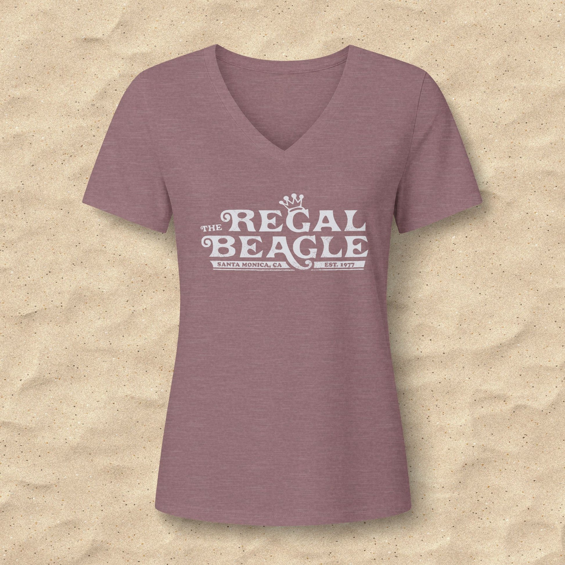 Heather mauve womens v-neck tee with vintage distressed Regal Beagle Three's Company logo