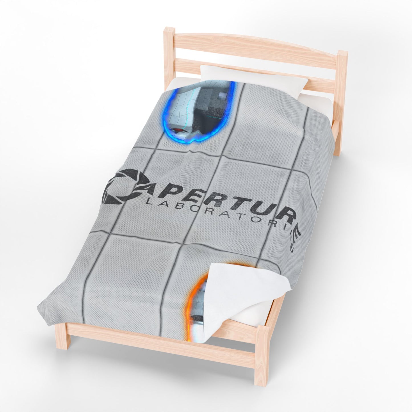 60x80 Velveteen plush blanket with Portal 2 panel wall, Aperture Laboratories logo, and blue and orange portals, shown on a double bed.