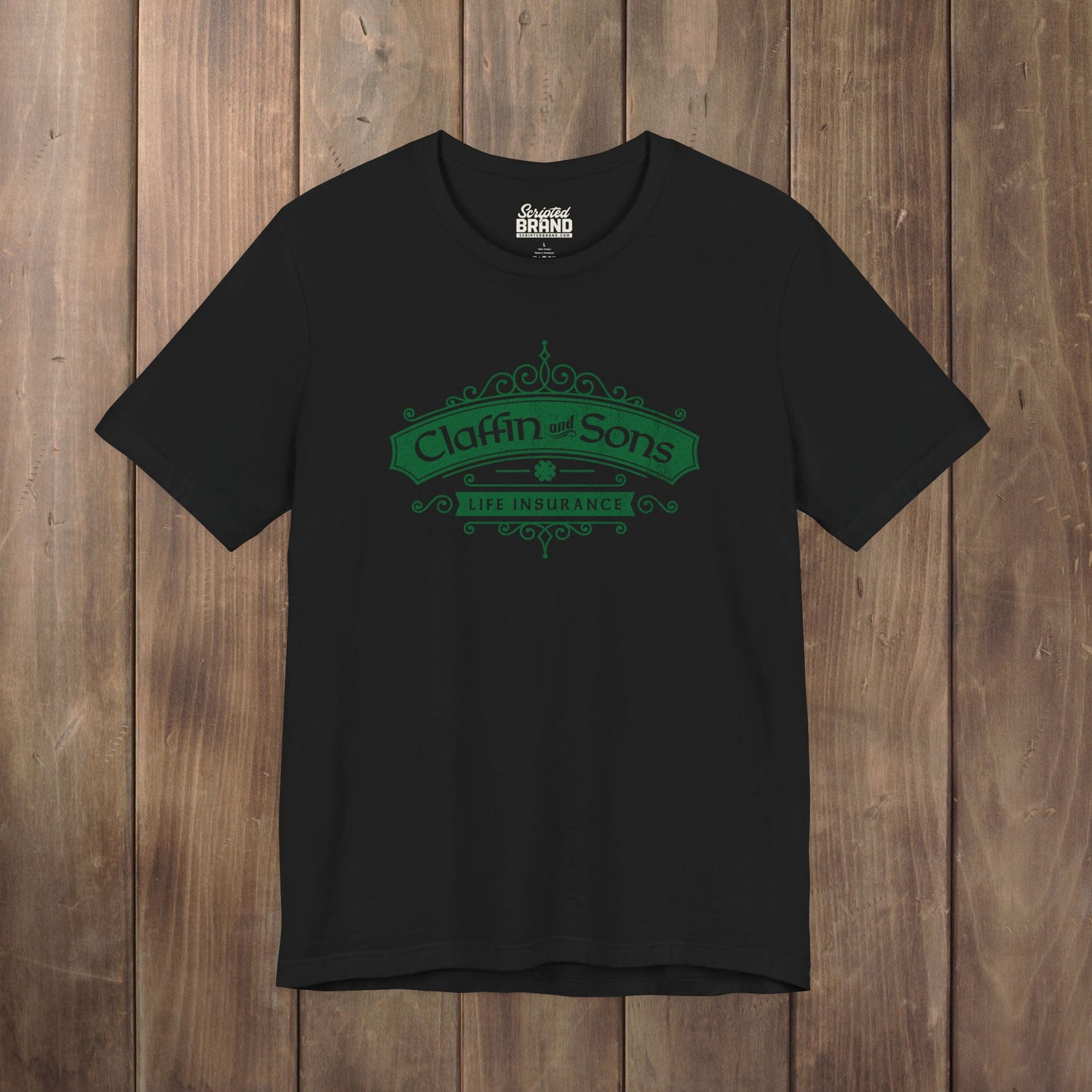 Black tee with vintage distressed Claffin and Sons Life Insurance, Bad Sisters TV show graphic