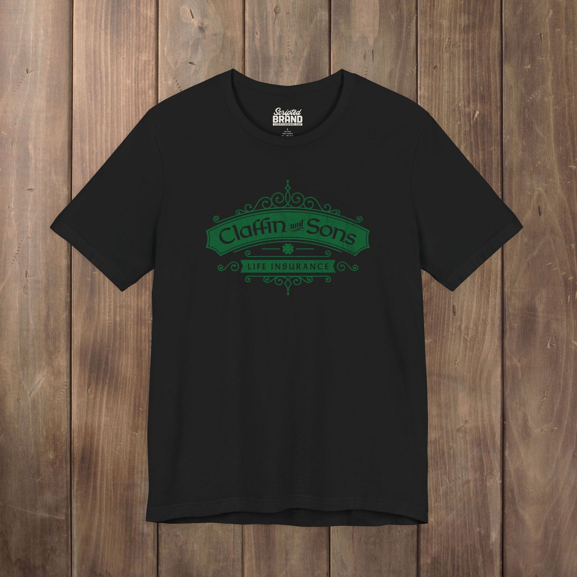 Black tee with vintage distressed Claffin and Sons Life Insurance, Bad Sisters TV show graphic