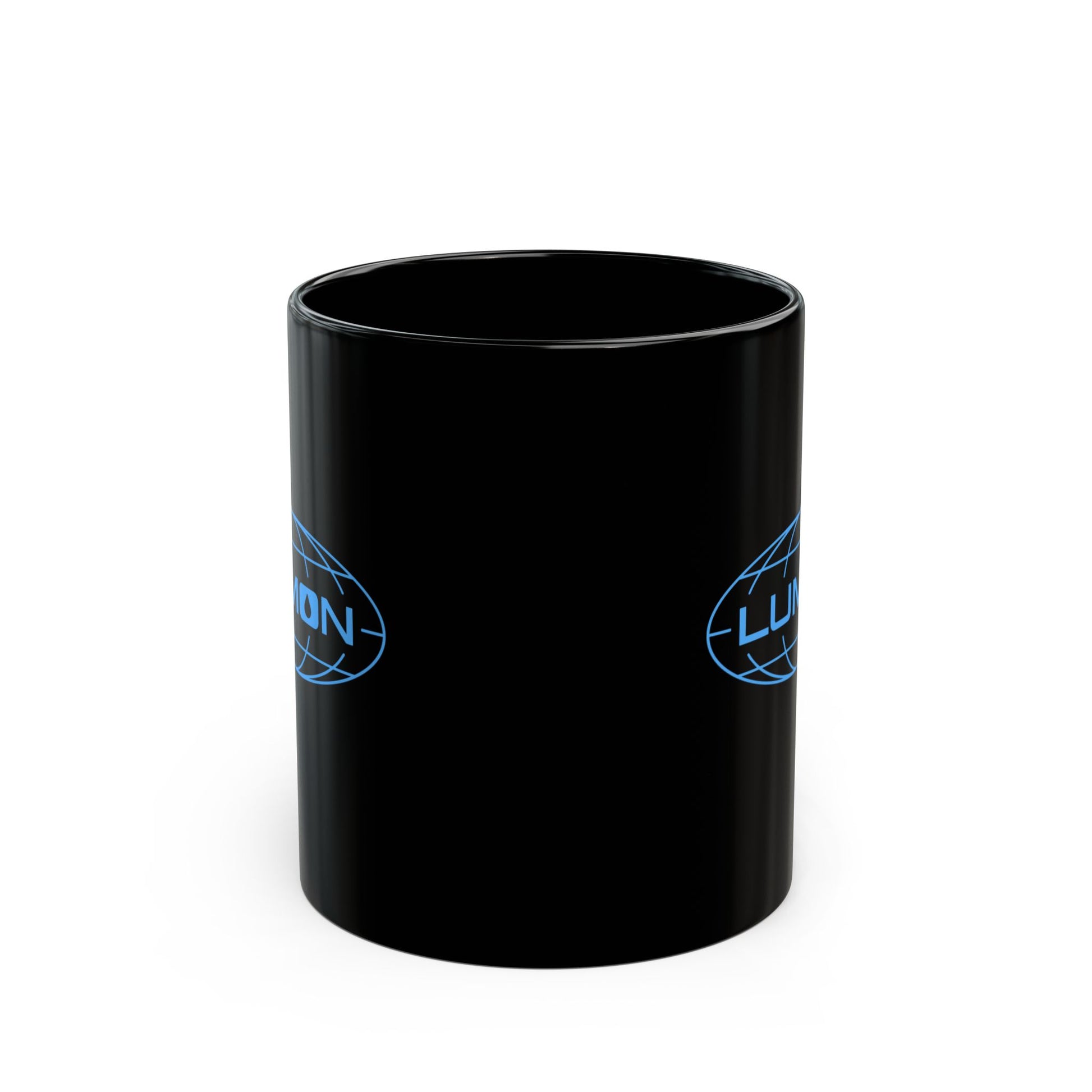 Side view of a Black Ceramic Mug with the Lumon Industries logo from the Apple TV show Severance printed on both sides.