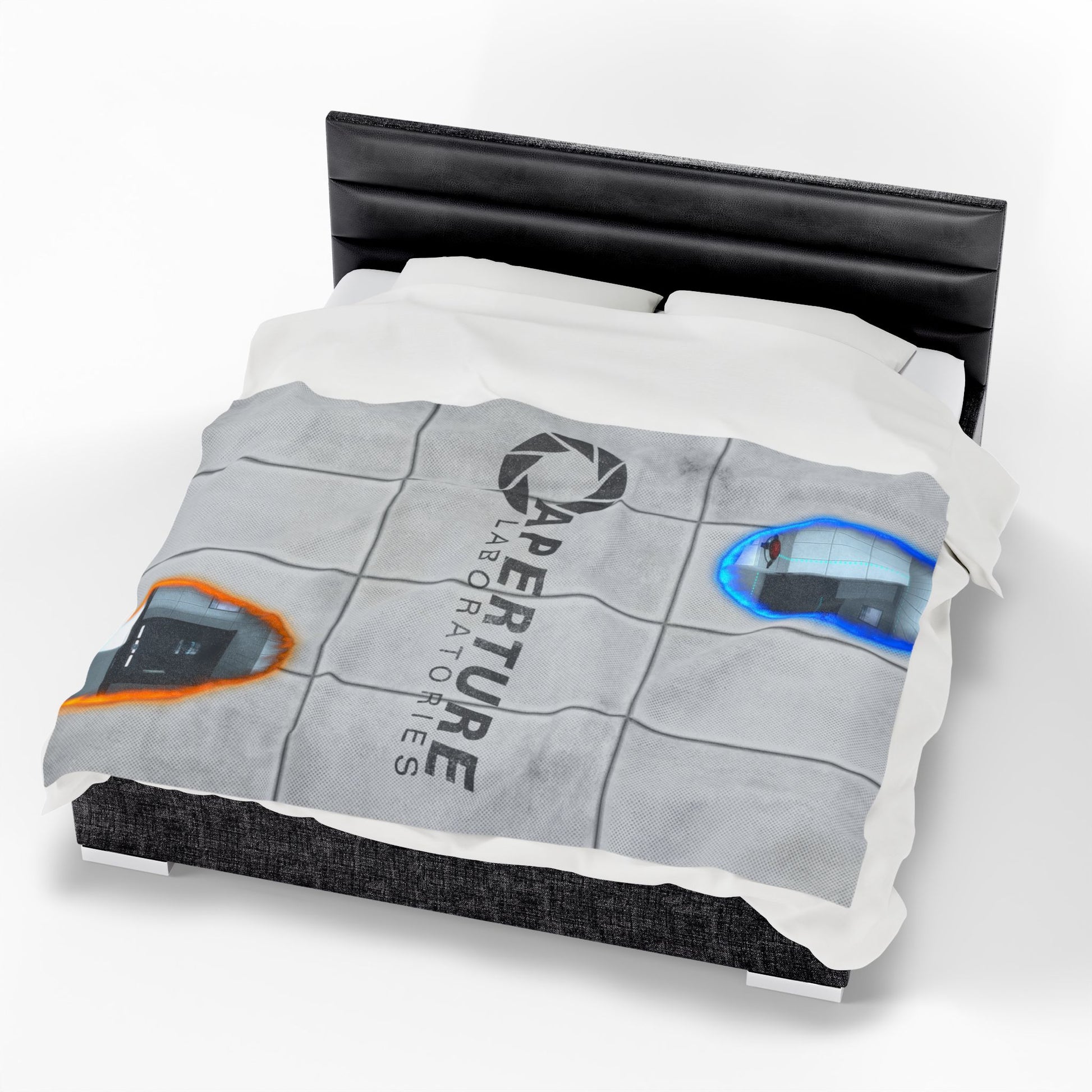 60x80 Velveteen plush blanket with Portal 2 panel wall, Aperture Laboratories logo, and blue and orange portals, shown on a queen sized bed.