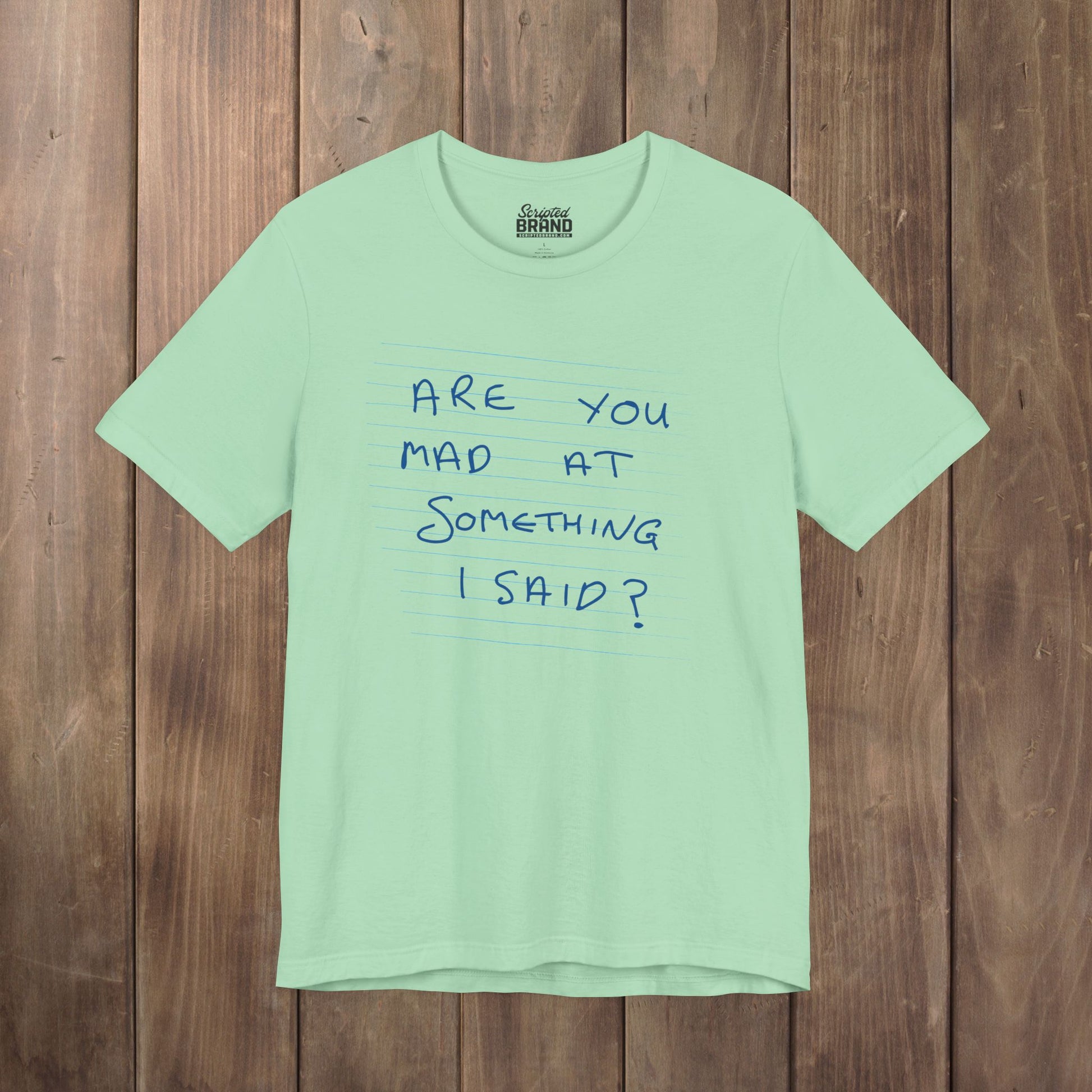 Mint green t-shirt with handwritten Patricia note from Widow's Bay reading "Are You Mad At Something I Said?"