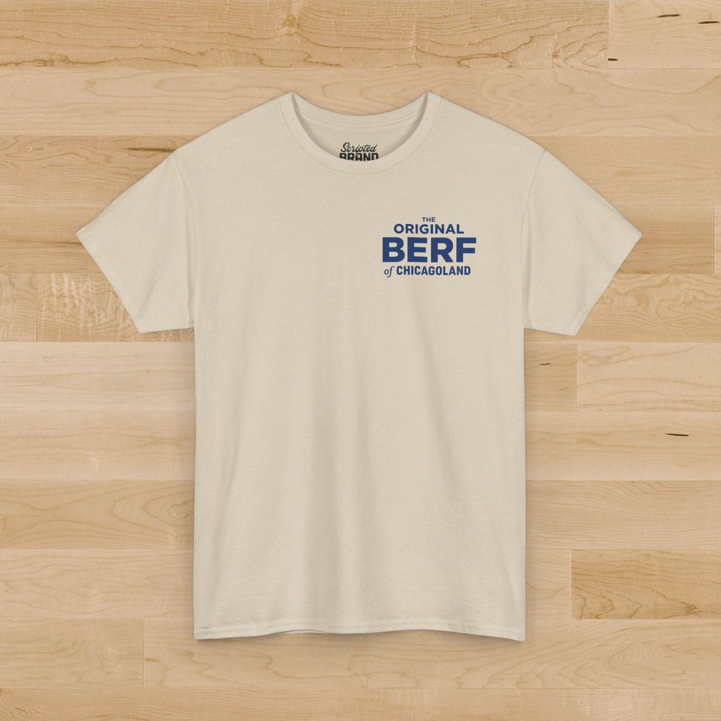 Sand Gildan 5000 t-shirt with a misprinted 'The Original BERF of Chicagoland' inspired by The Bear TV Show.