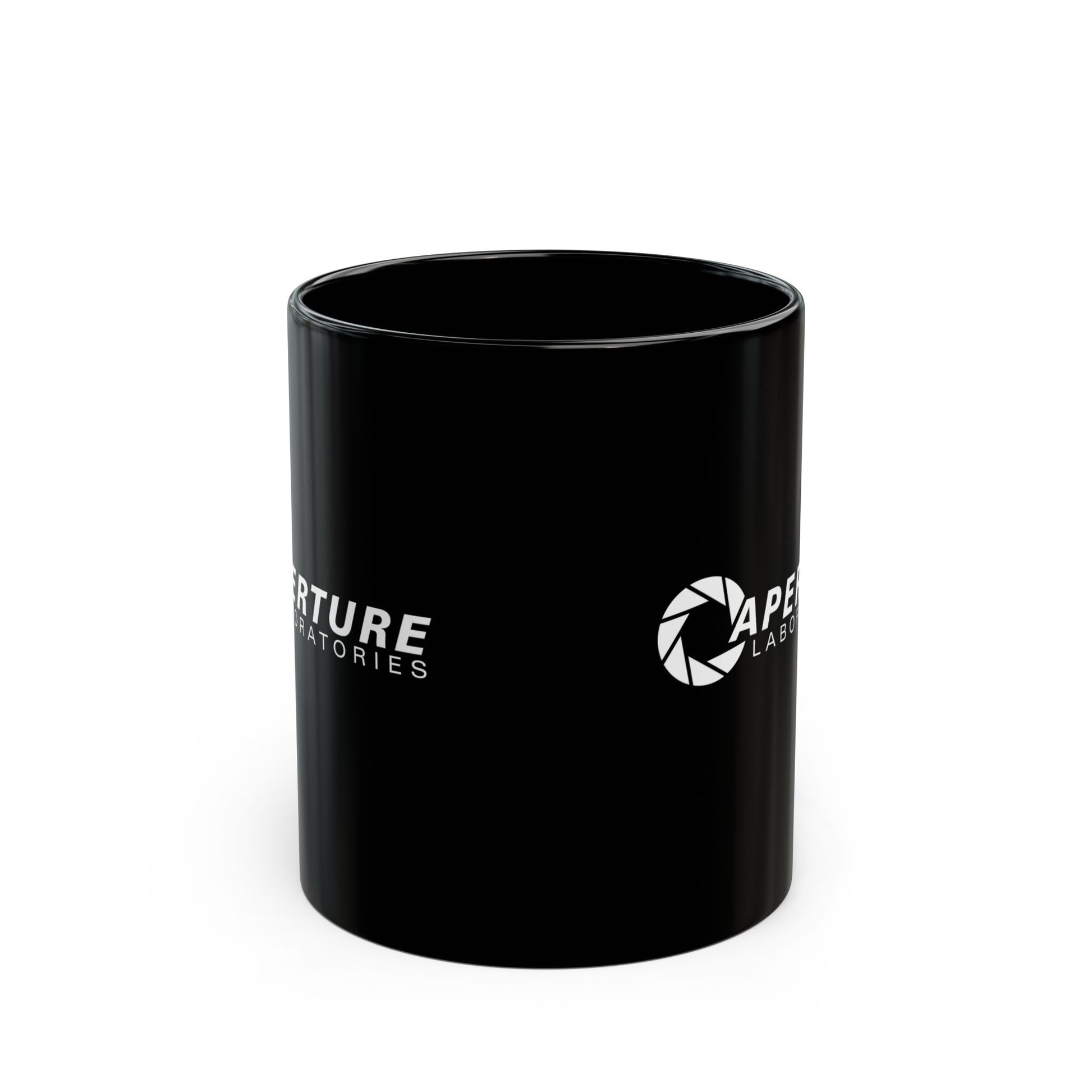 Side view of an 11 oz Black Ceramic Mug with a white Aperture Laboratories logo from the video game Portal and Portal 2 on both sides, shown with both logos visible, sold by ScriptedBrand.