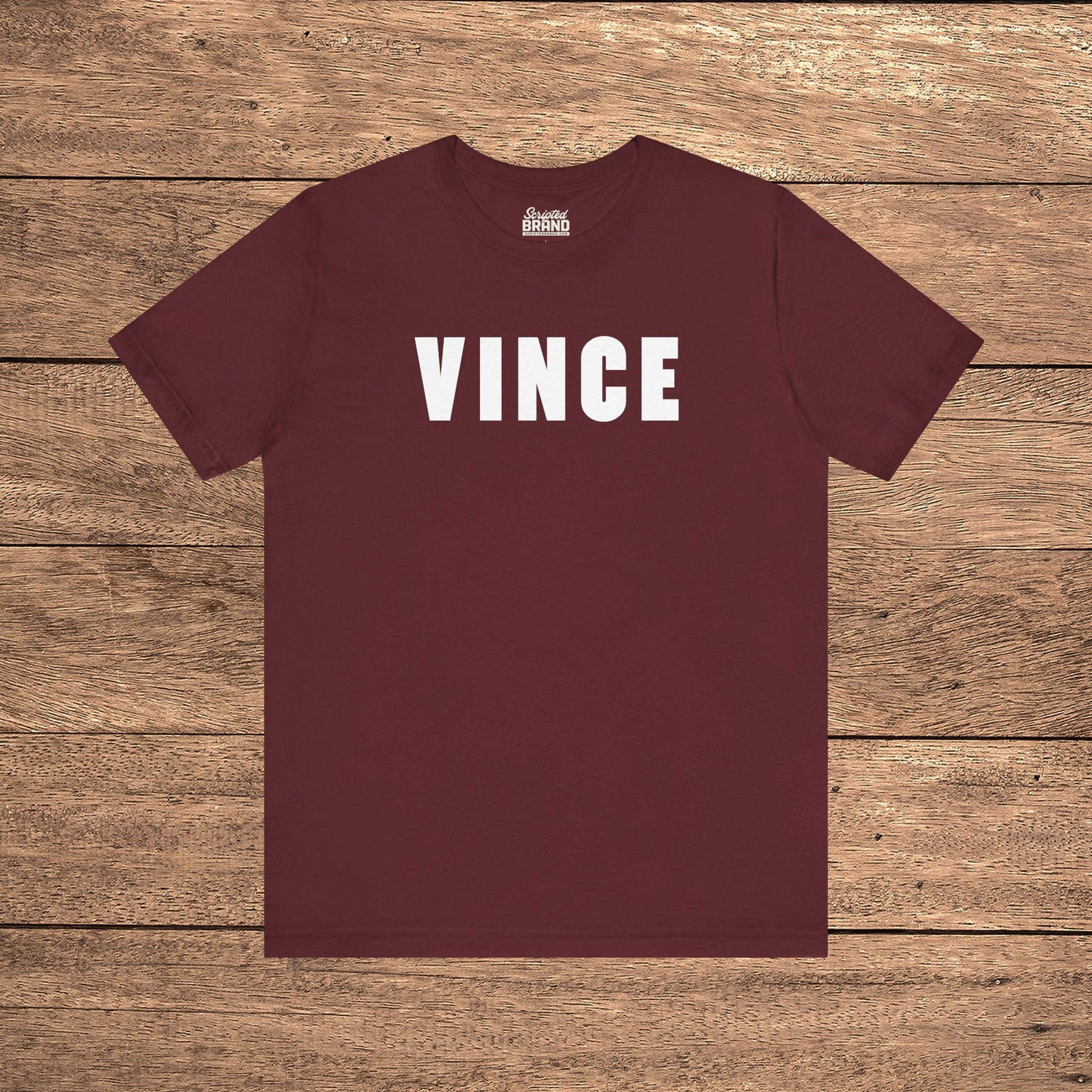 Maroon red VINCE graphic t-shirt inspired by Tom Cruise in The Color of Money, soft Bella+Canvas cotton 80s movie tee