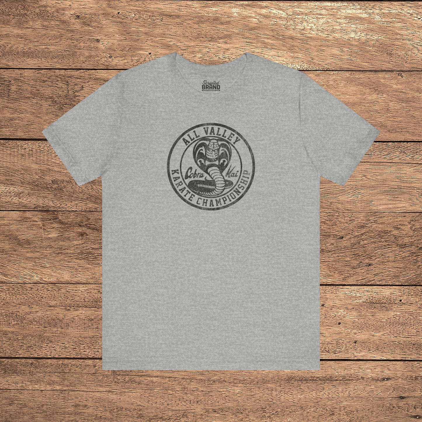 Heather gray Cobra Kai All Valley Karate Championship vintage distressed graphic t-shirt, soft Bella+Canvas cotton Karate Kid tee