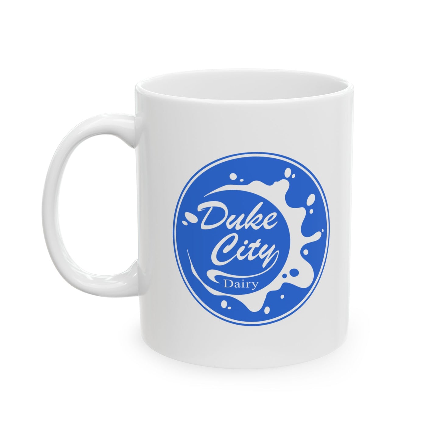 White mug with blue 'Duke City Dairy' logo from Pluribus on a white background