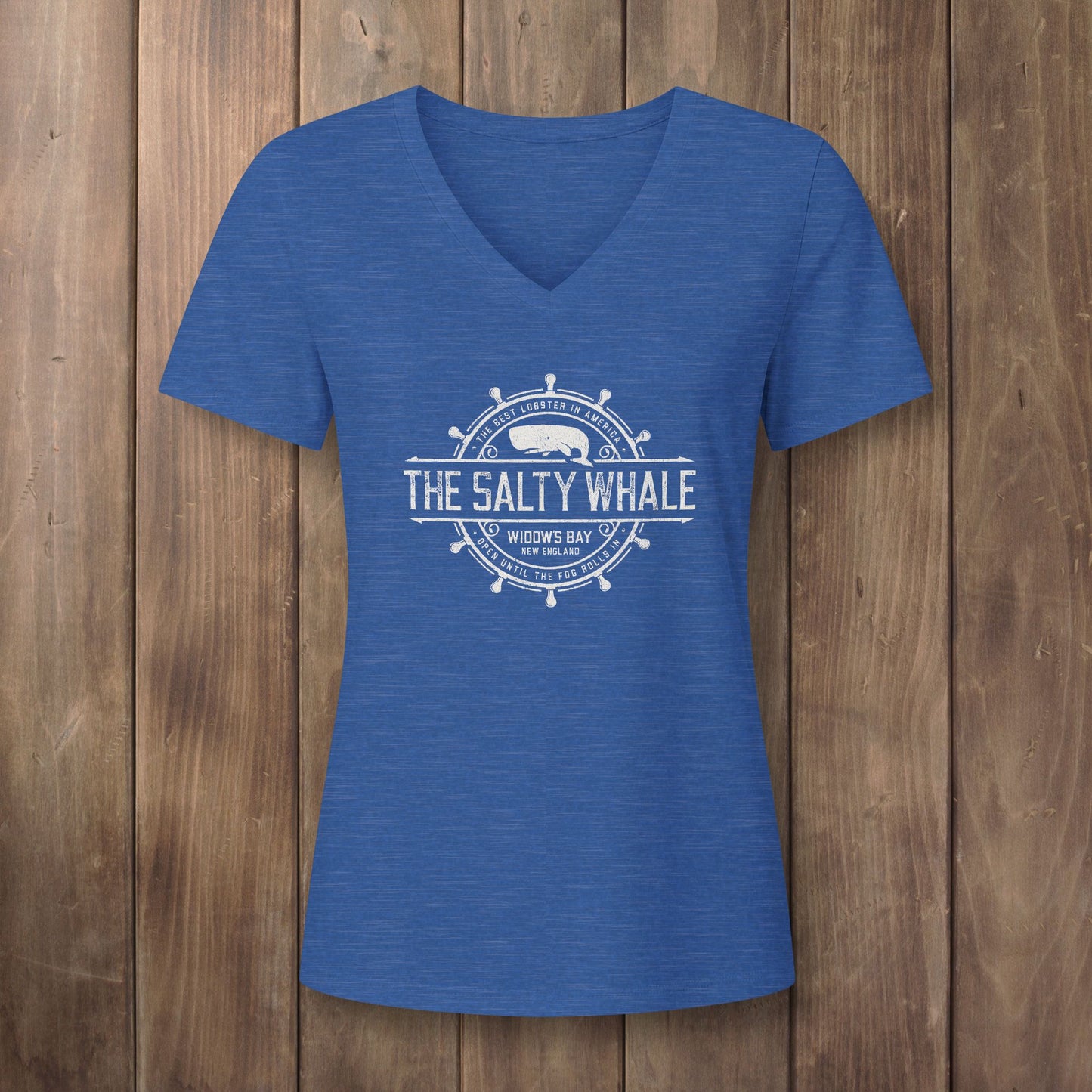 Heather royal blue womens v-neck tee with vintage The Salty Whale nautical crest inspired by Widow's Bay show