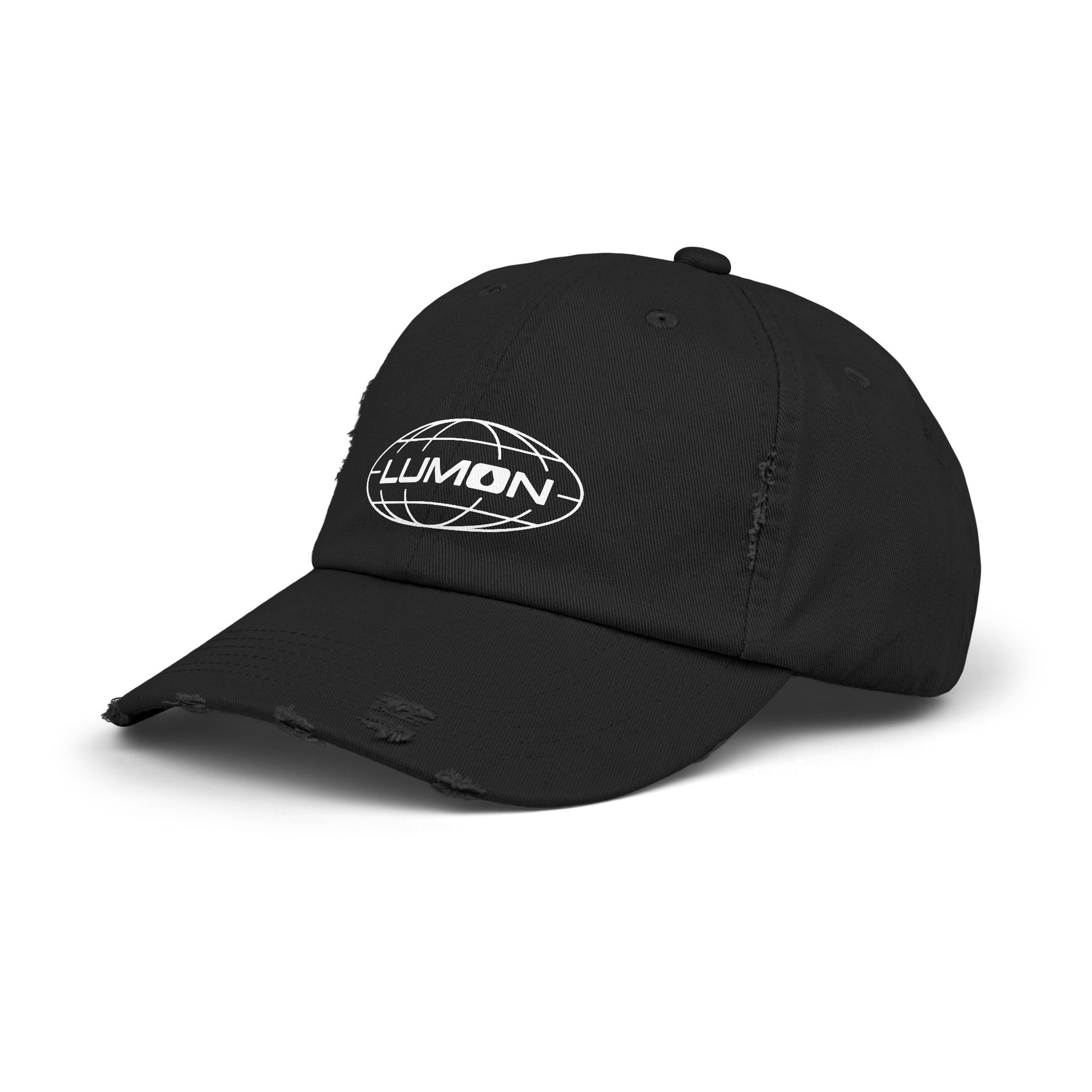 Angled view of a black District DT600 Vintage Distressed Baseball Cap with the Lumon Industries logo from the show Severance.