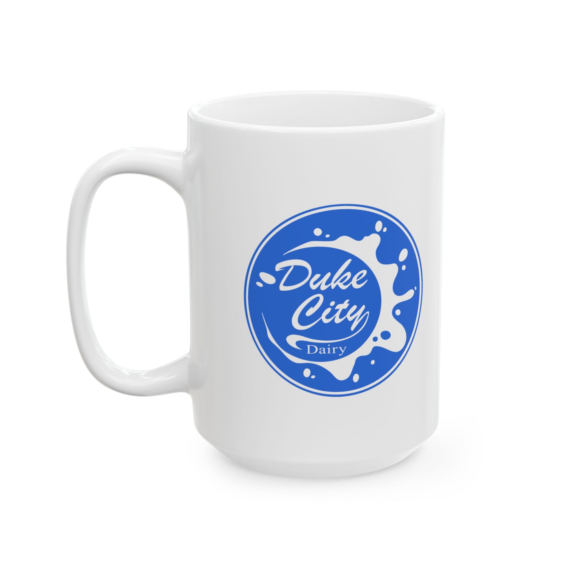 White mug with blue 'Duke City Dairy' logo on a white background