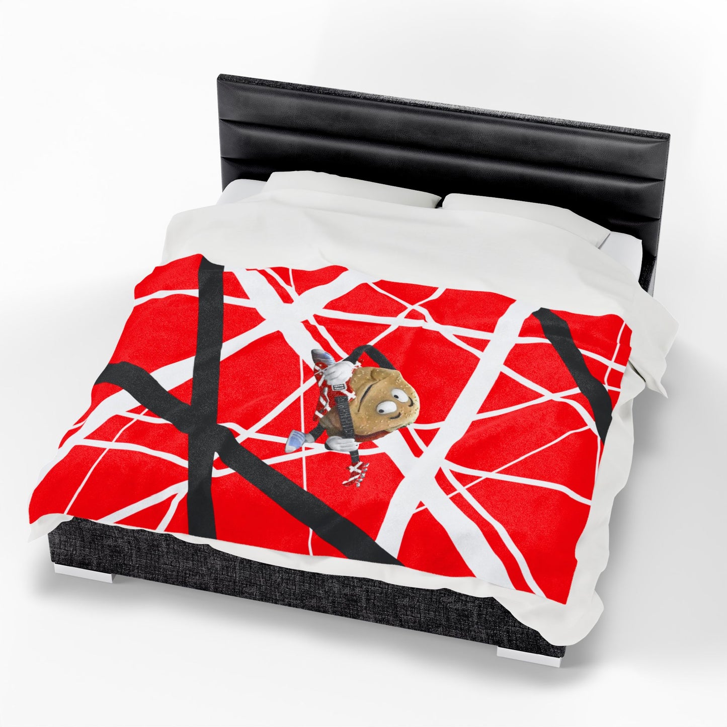 60x80 plush blanket with red, white, black Frankenstein stripes with singing hamburger guitar graphic, inspired by Better Off Dead and Van Halen, shown on queen bed.