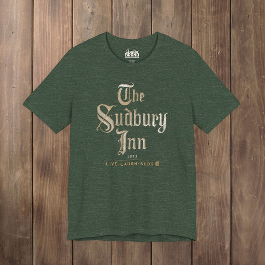 Heather forest green tee with vintage distressed The Sudbury Inn 1873 Live Laugh Suds Bethel Maine design