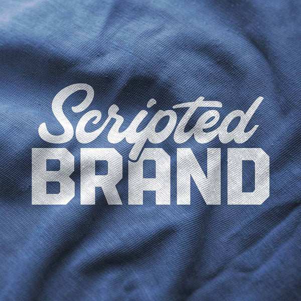 A close-up of a blue textured fabric with white embroidered text reading 'Scripted BRAND'.