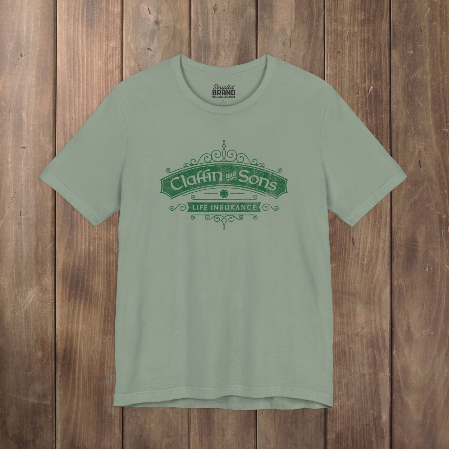 Sage Green tee with vintage distressed Claffin and Sons Life Insurance, Bad Sisters TV show graphic