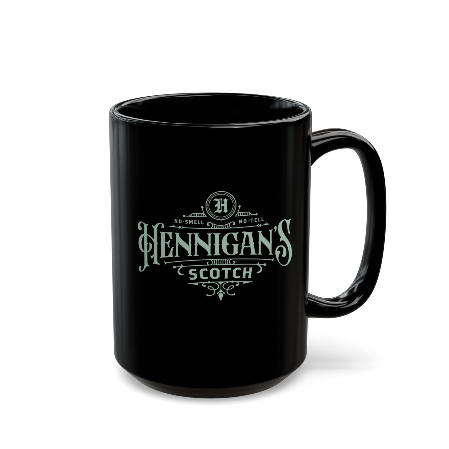 15 oz Black mug with 'Hennigan's Scotch' branding on a white background