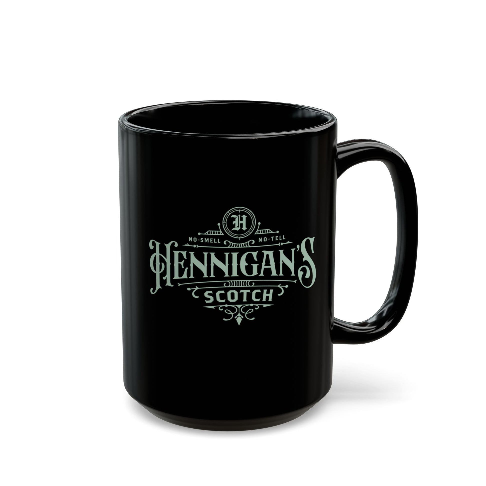 15 oz Black mug with 'Hennigan's Scotch' branding on a white background