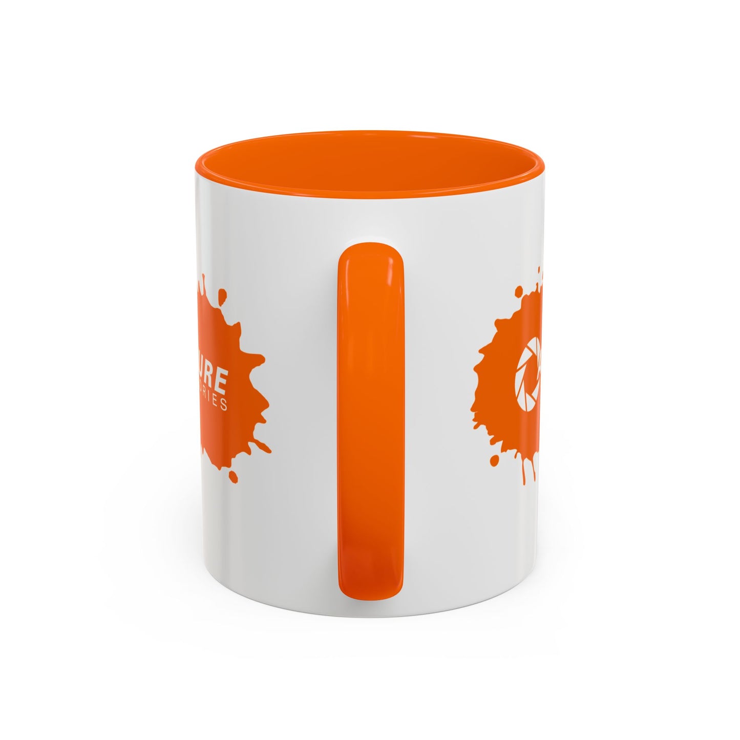 Side view of Portal 2 Aperture Laboratories orange Propulsion Gel accent mug.