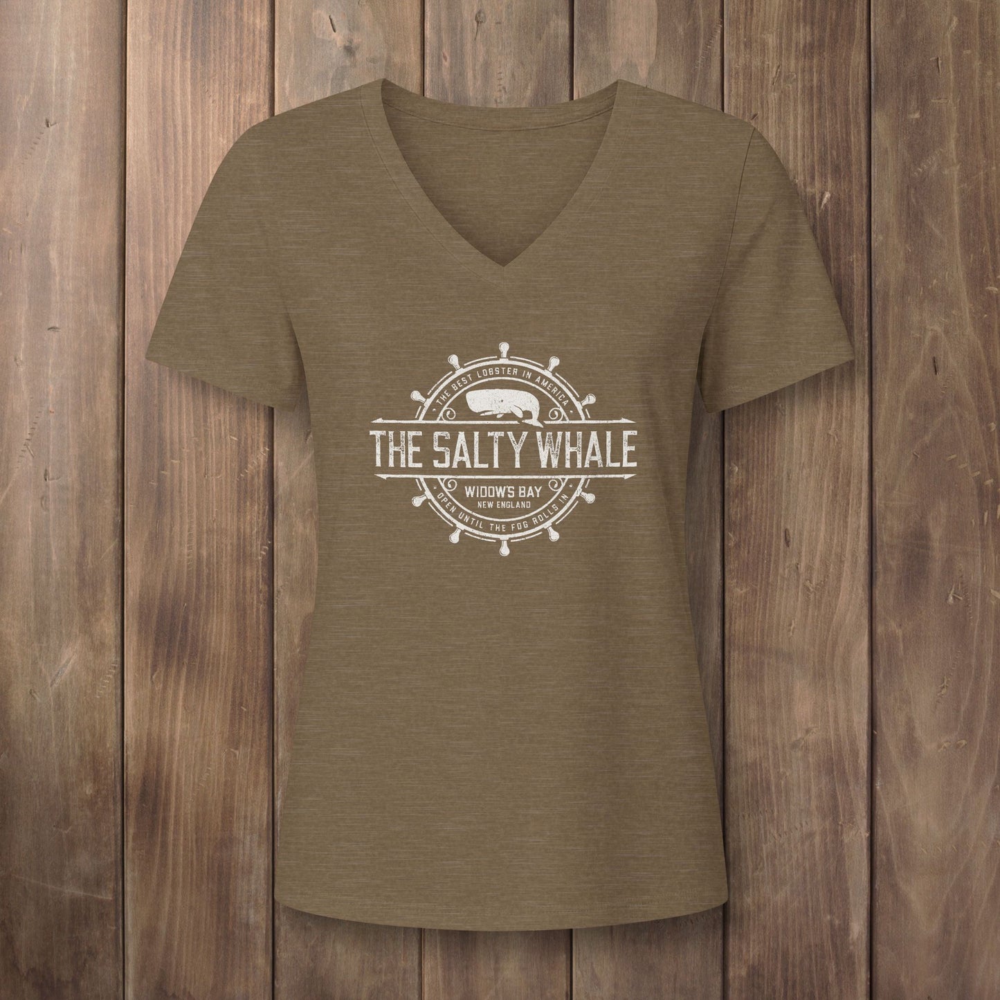 Heather olive green womens v-neck tee with vintage The Salty Whale nautical crest inspired by Widow's Bay show