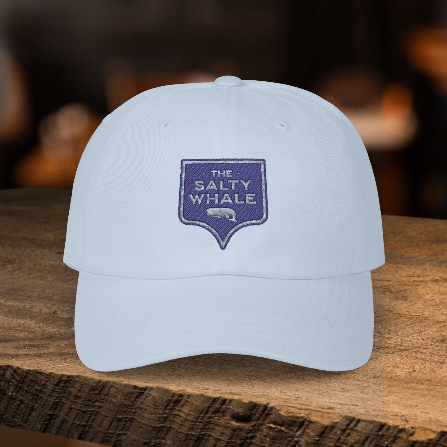 Light blue 'The Salty Whale' embroidered sign logo dad cap inspired by Widow's Bay Apple TV series, 100% cotton baseball hat