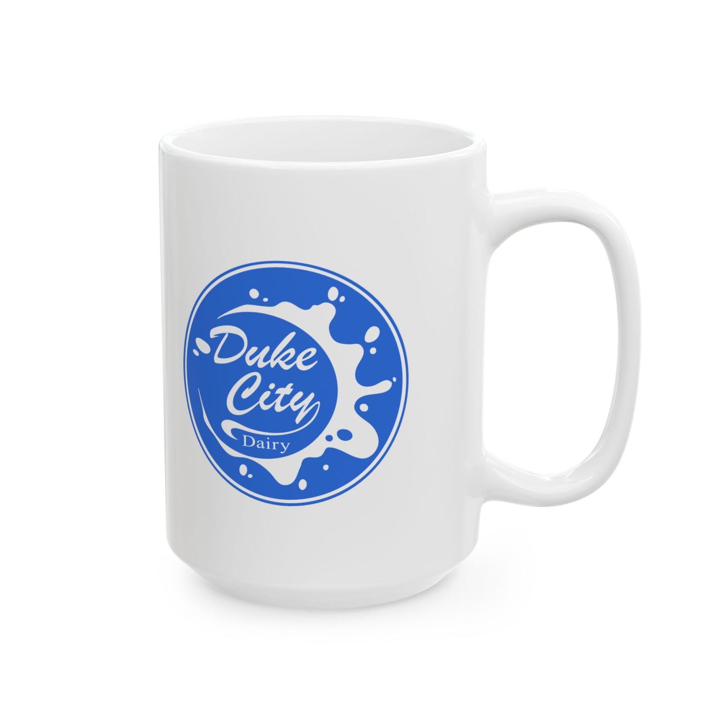 White ceramic mug with blue 'Duke City Dairy' logo from Pluribus on a white background