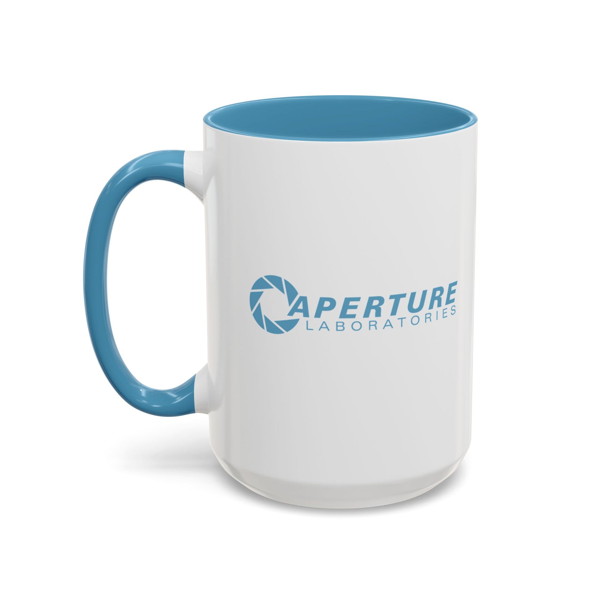 White mug with blue handle and interior, featuring 'Aperture Laboratories' logo.