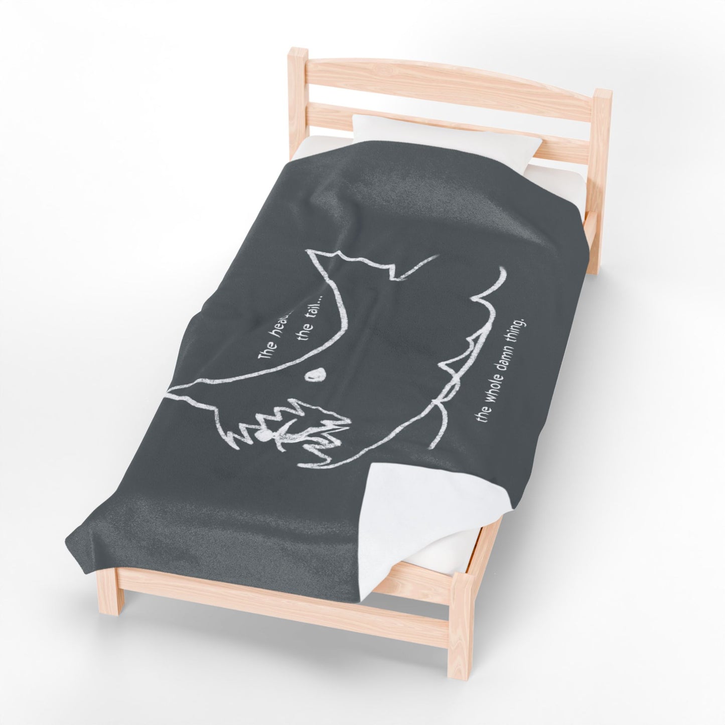 Top down view of 60x80 Velveteen plush blanket with Quint’s chalkboard shark drawing from Jaws, shown draped on a bed.