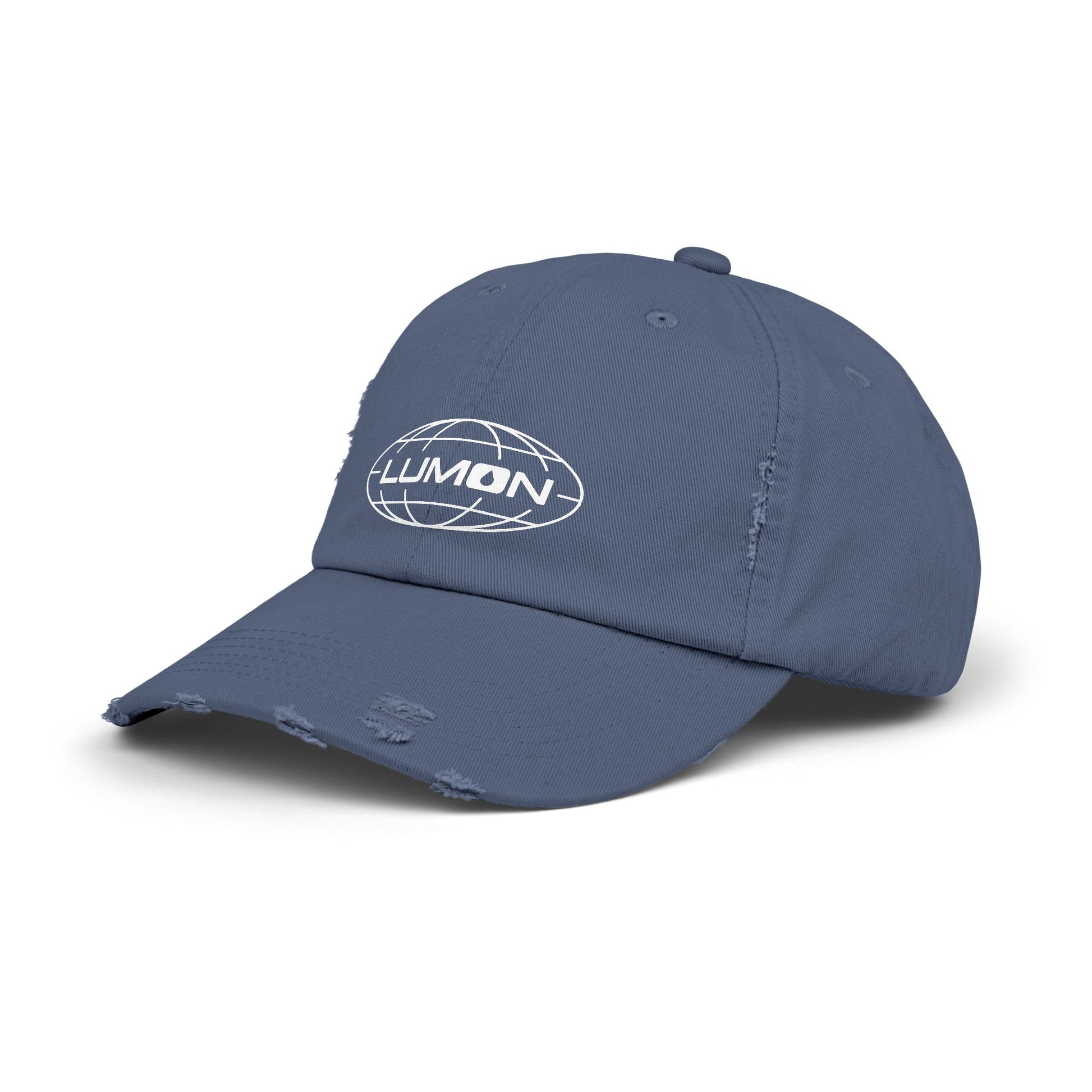 Angled view of a Scotland blue District DT600 Vintage Distressed Baseball Cap with the Lumon Industries logo from the show Severance.