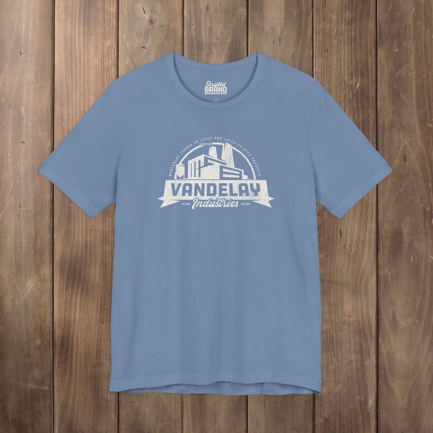 Steel Blue Bella+Canvas 3001 t-shirt with a Vandelay Industries logo that George Costanza made up in the TV Show Seinfeld.