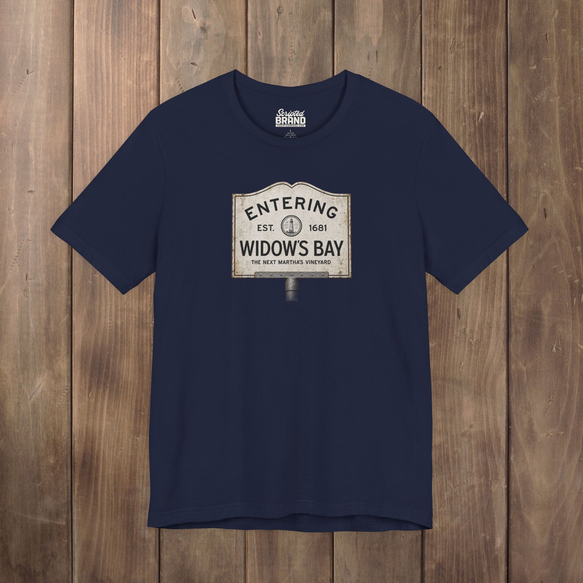 Navy blue 'Entering Widow's Bay' vintage town sign t-shirt inspired by Apple TV series, soft Bella+Canvas cotton New England tee