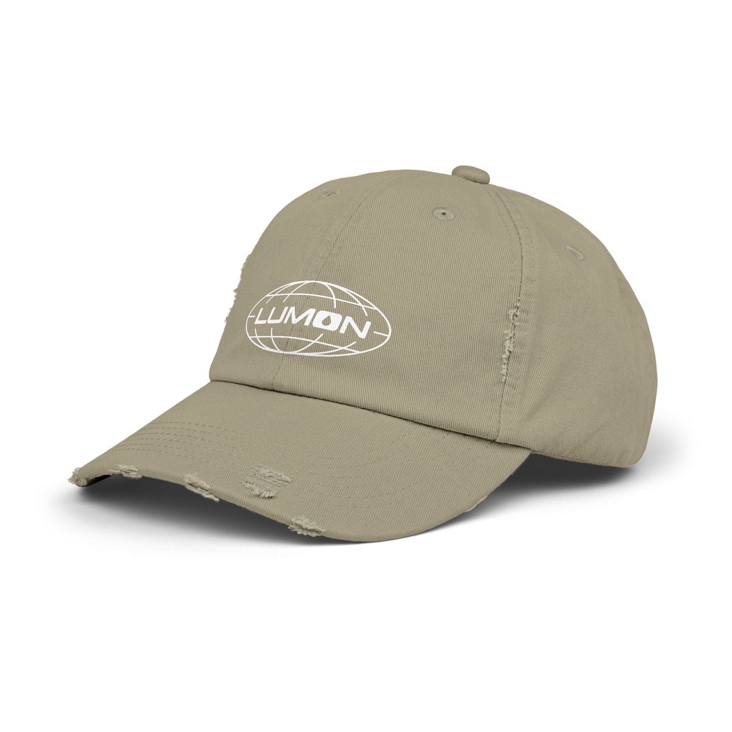 Angled view of a light olive District DT600 Vintage Distressed Baseball Cap with the Lumon Industries logo from the show Severance.