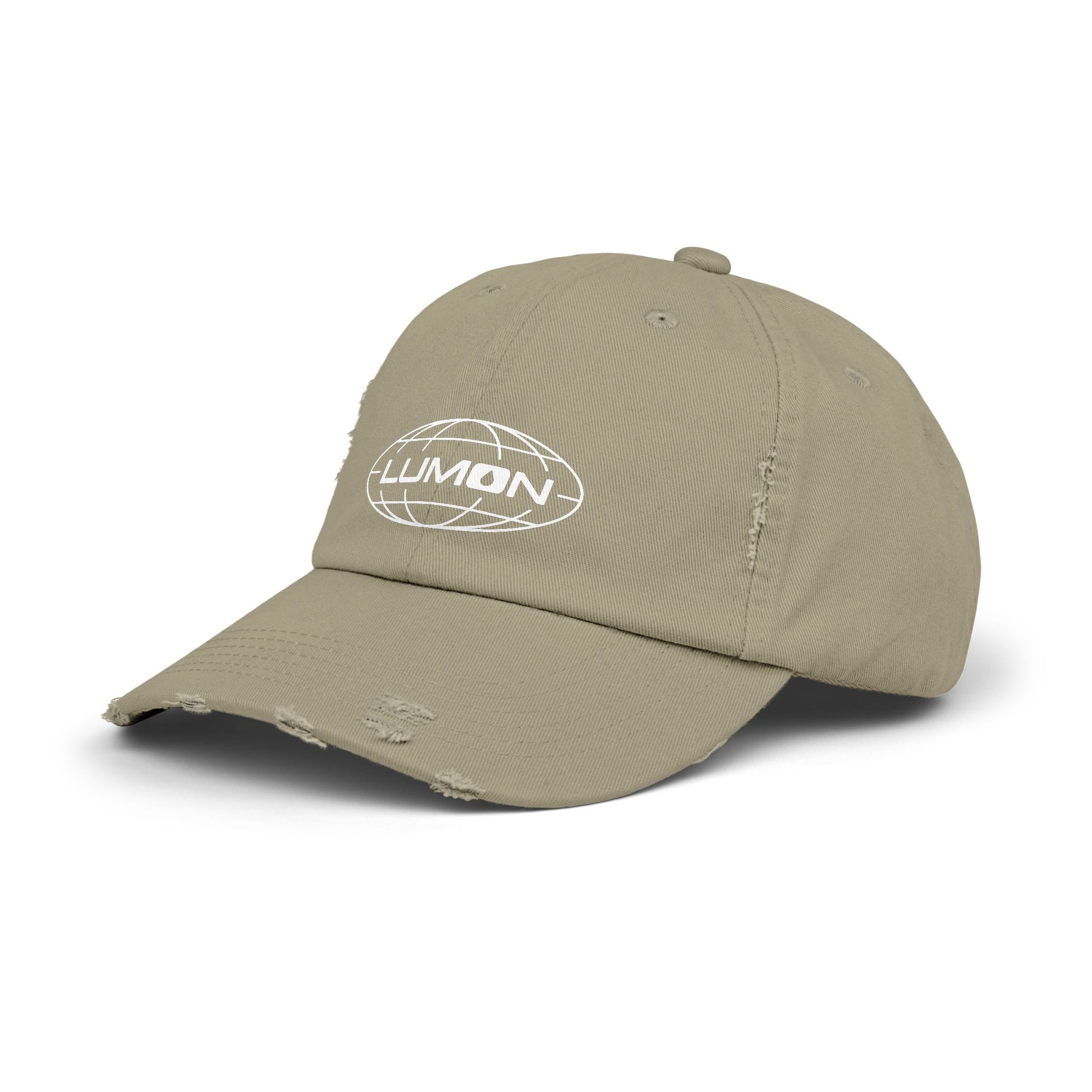 Angled view of a light olive District DT600 Vintage Distressed Baseball Cap with the Lumon Industries logo from the show Severance.