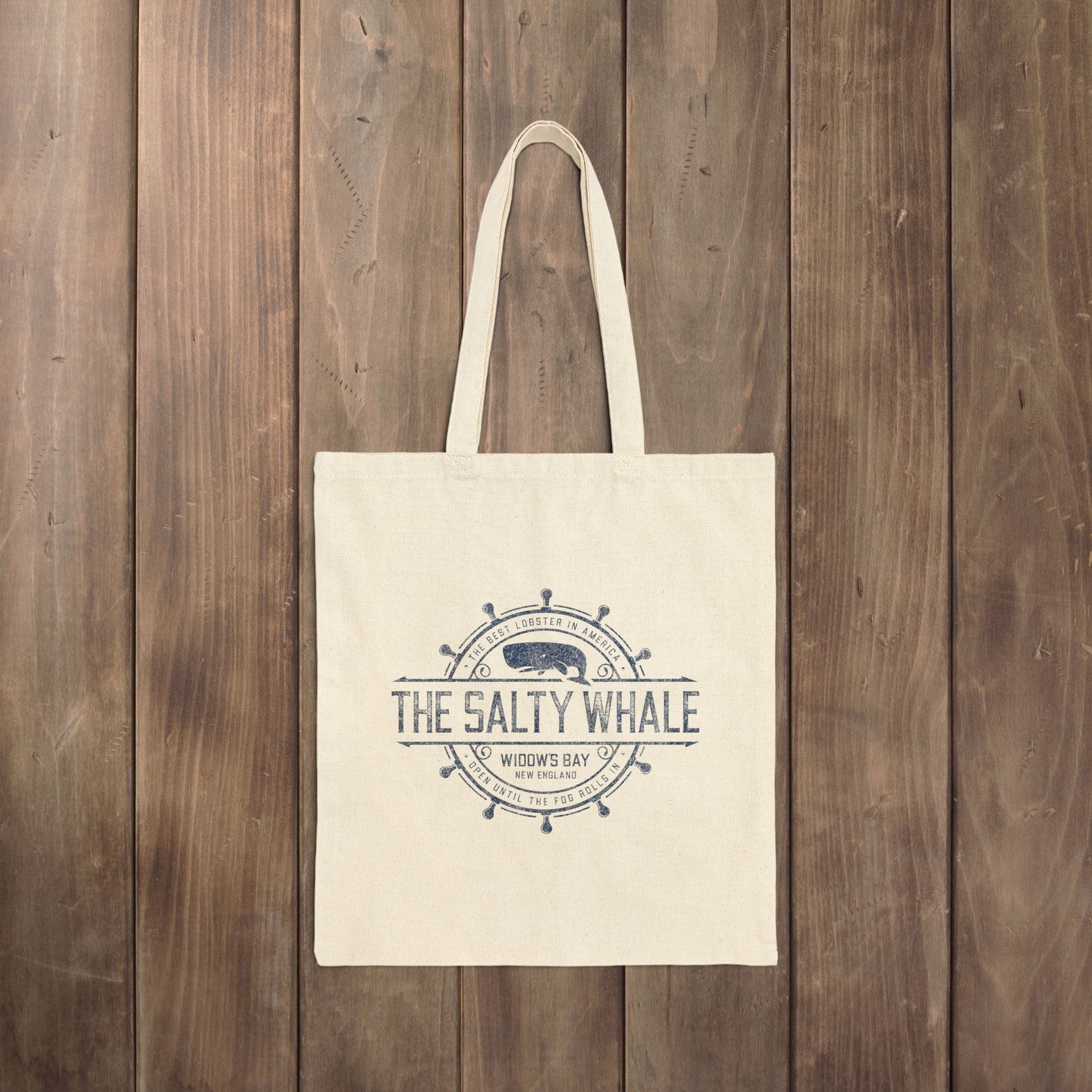 Natural canvas tote bag with vintage The Salty Whale, Widow's Bay TV show nautical grocery shopping