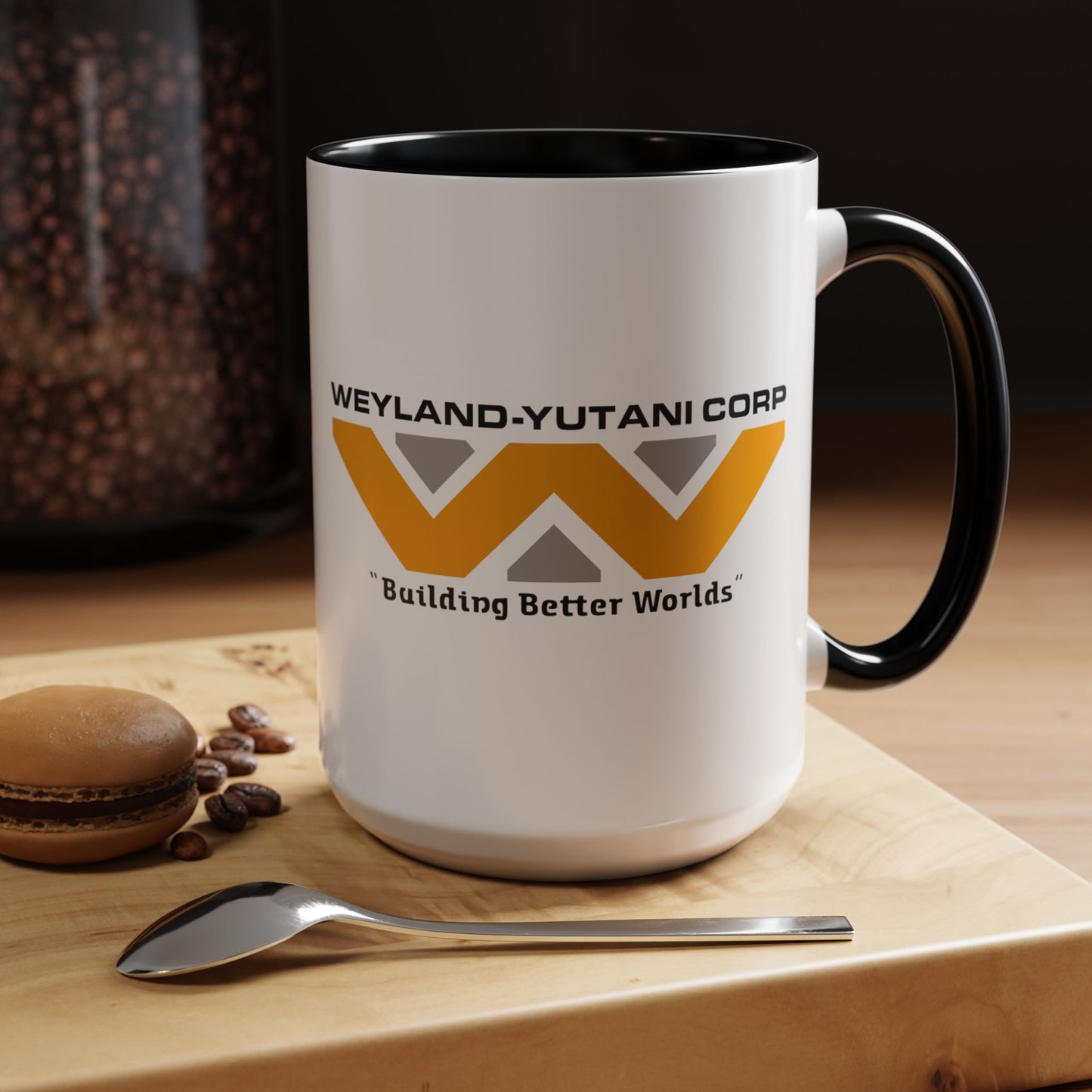 15 oz Weyland-Yutani Corp ceramic accent mug inspired by Alien movie, Building Better Worlds logo on white mug with black handle in kitchen