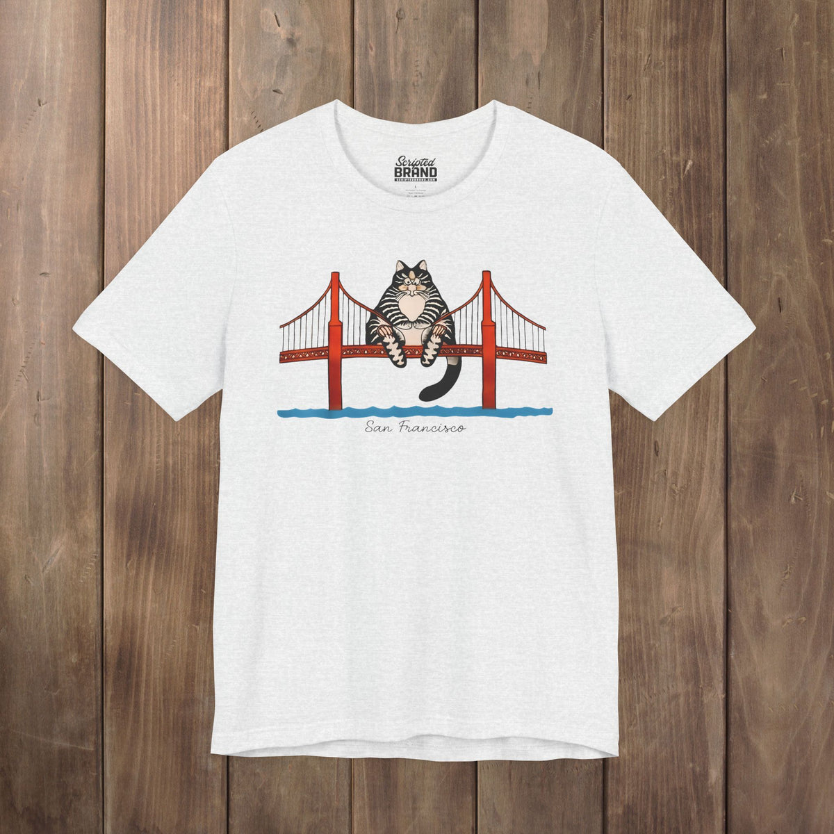 Ash tee with illustrated tabby cat sitting on the Golden Gate Bridge, San Francisco, Project Hail Mary