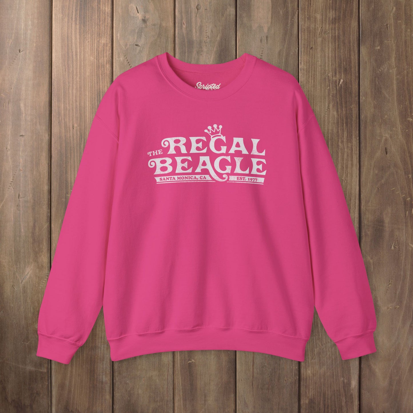 Heliconia pink crewneck sweatshirt with vintage distressed blue Regal Beagle Three's Company logo