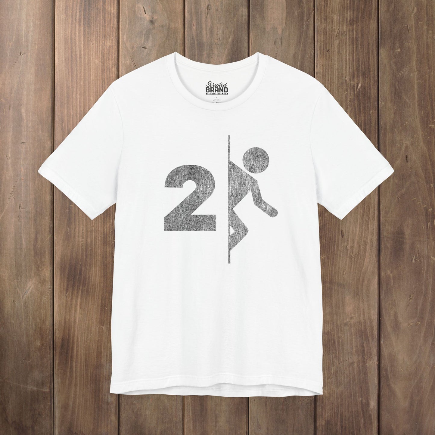 White tee with vintage distressed Portal 2 partial logo figure diving through a portal, aperture labs