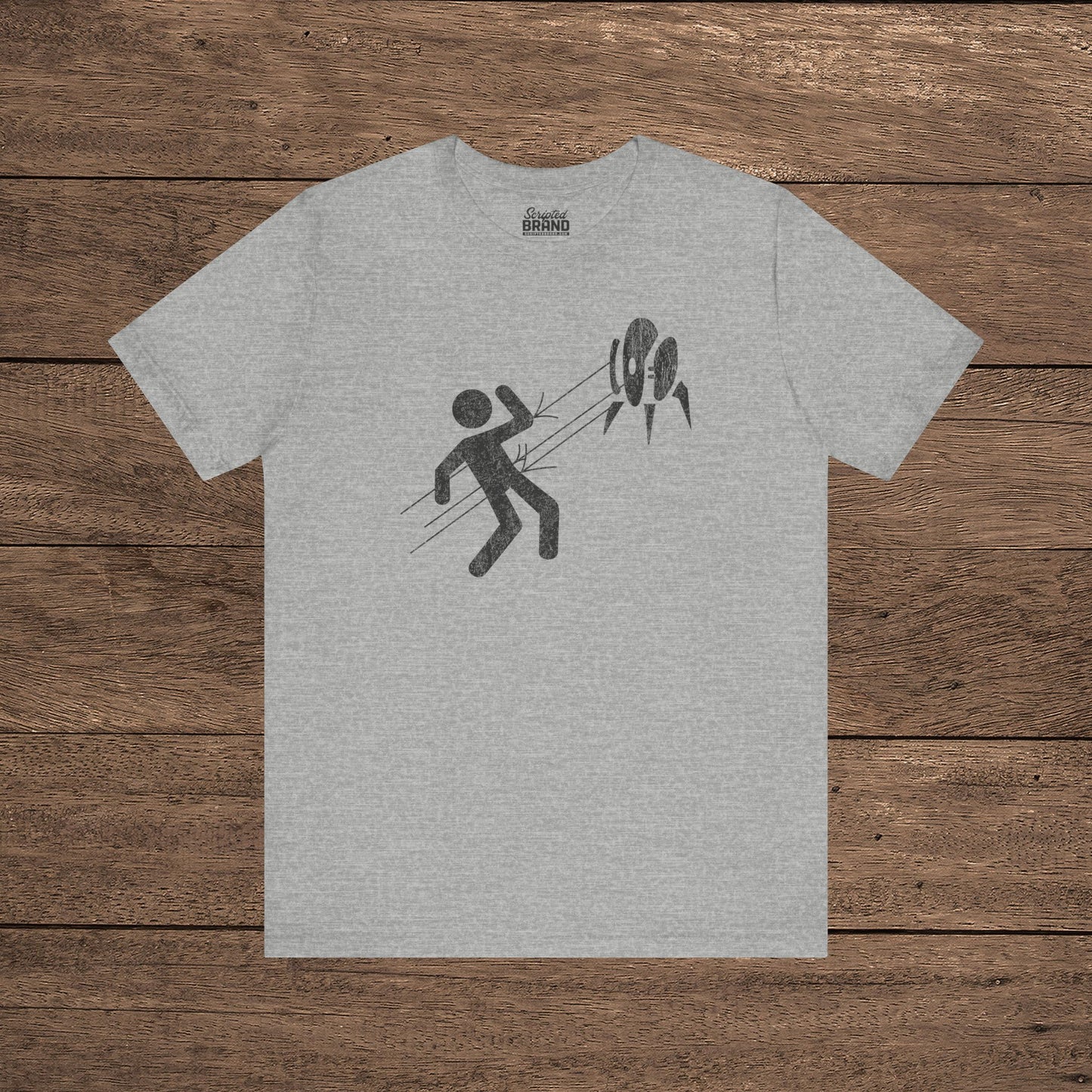 Heather Gray Aperture Science Turret warning icon t-shirt on Bella+Canvas 3001, vintage distressed print, Portal and Portal 2 fan tee.